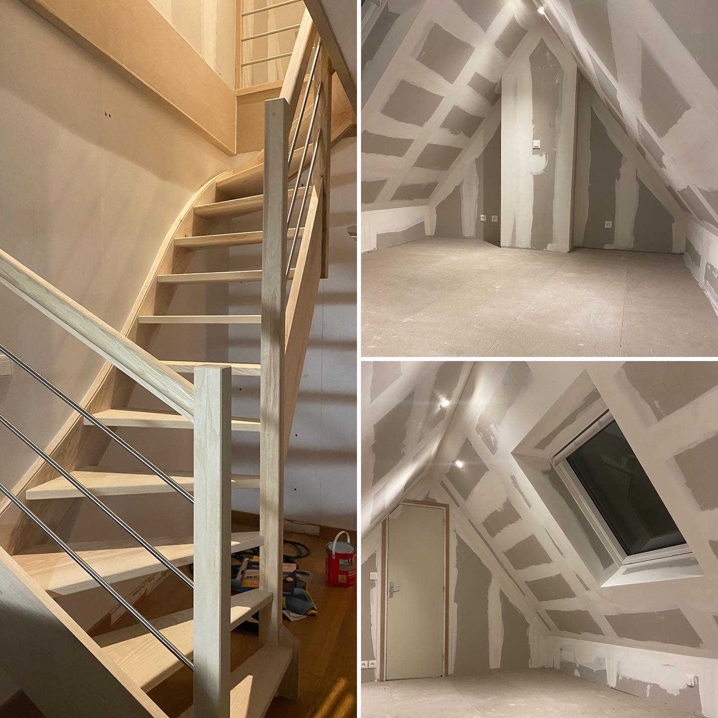 Chantier d'aménagement de combles en cours avec pose d'escalier bois et fenêtre de toit Velux, De Sousa Home, Hauts-de-France