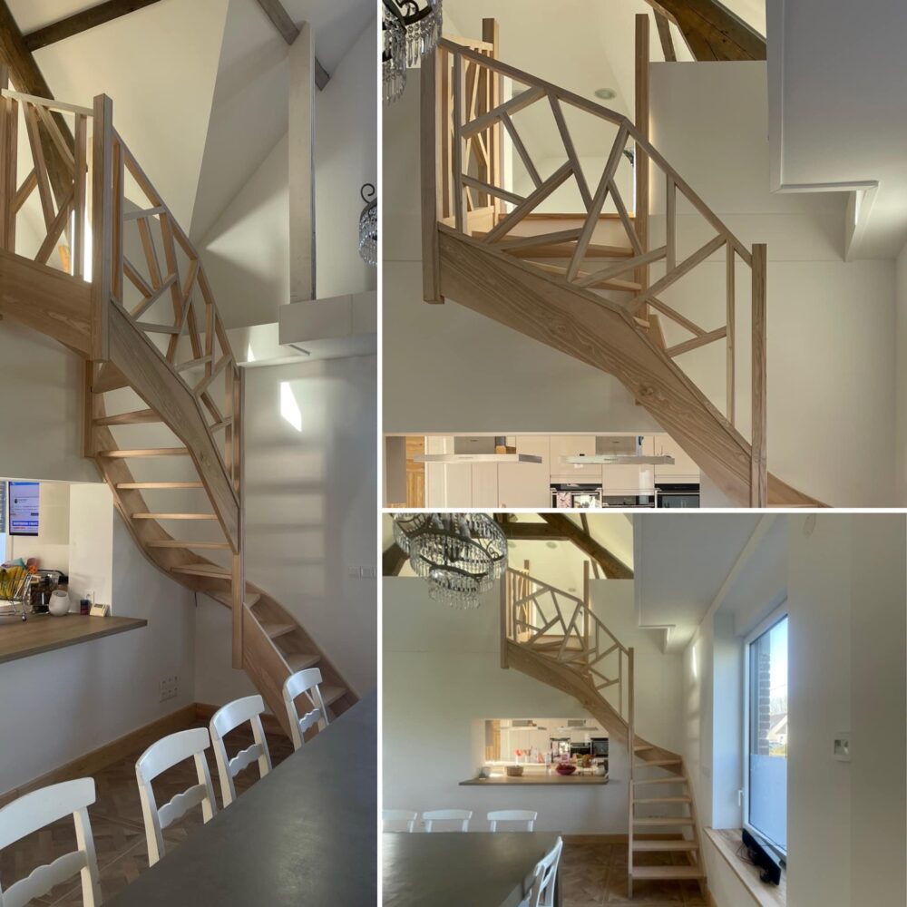 Escalier sur mesure en bois massif à limon central avec garde-corps design, réalisation De Sousa Home, Hauts-de-France