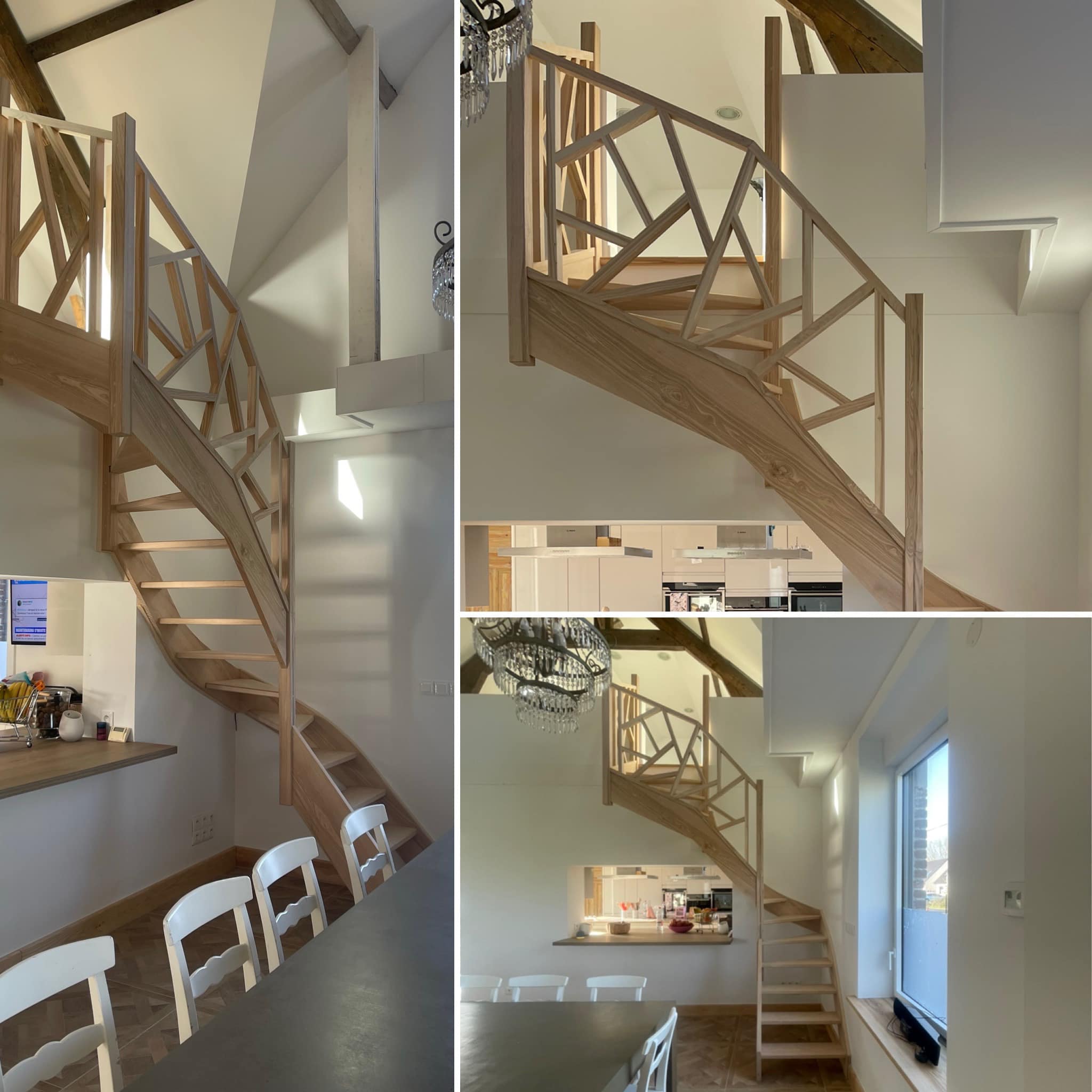 Escalier sur mesure en bois massif à limon central avec garde-corps design, réalisation De Sousa Home, Hauts-de-France