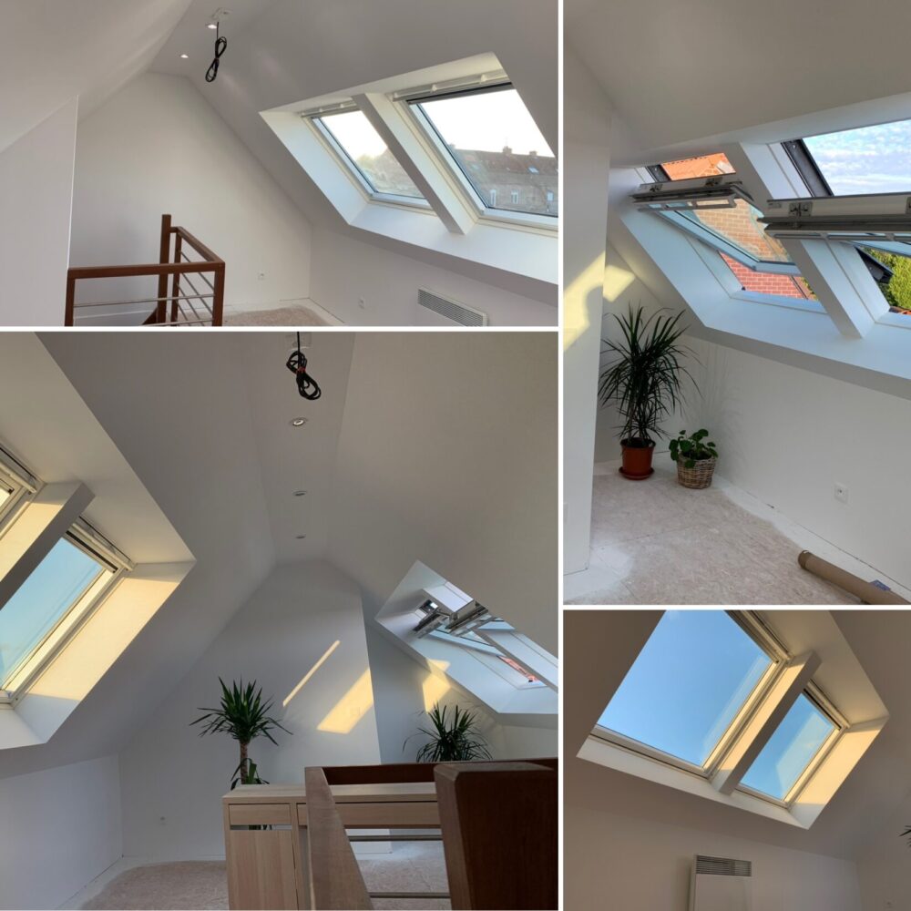 Combles aménagés avec plusieurs fenêtres de toit Velux apportant lumière naturelle, réalisation De Sousa Home, Hauts-de-France