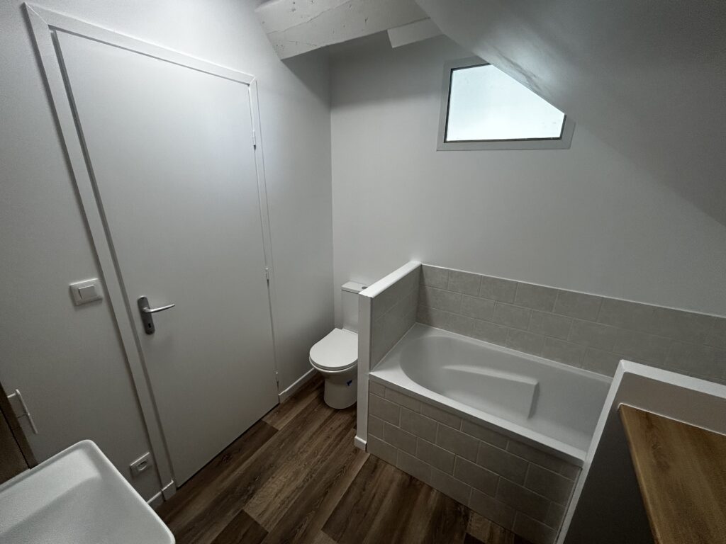 Salle de bain aménagée dans les combles avec baignoire et fenêtre de toit, réalisation De Sousa Home, Hauts-de-France